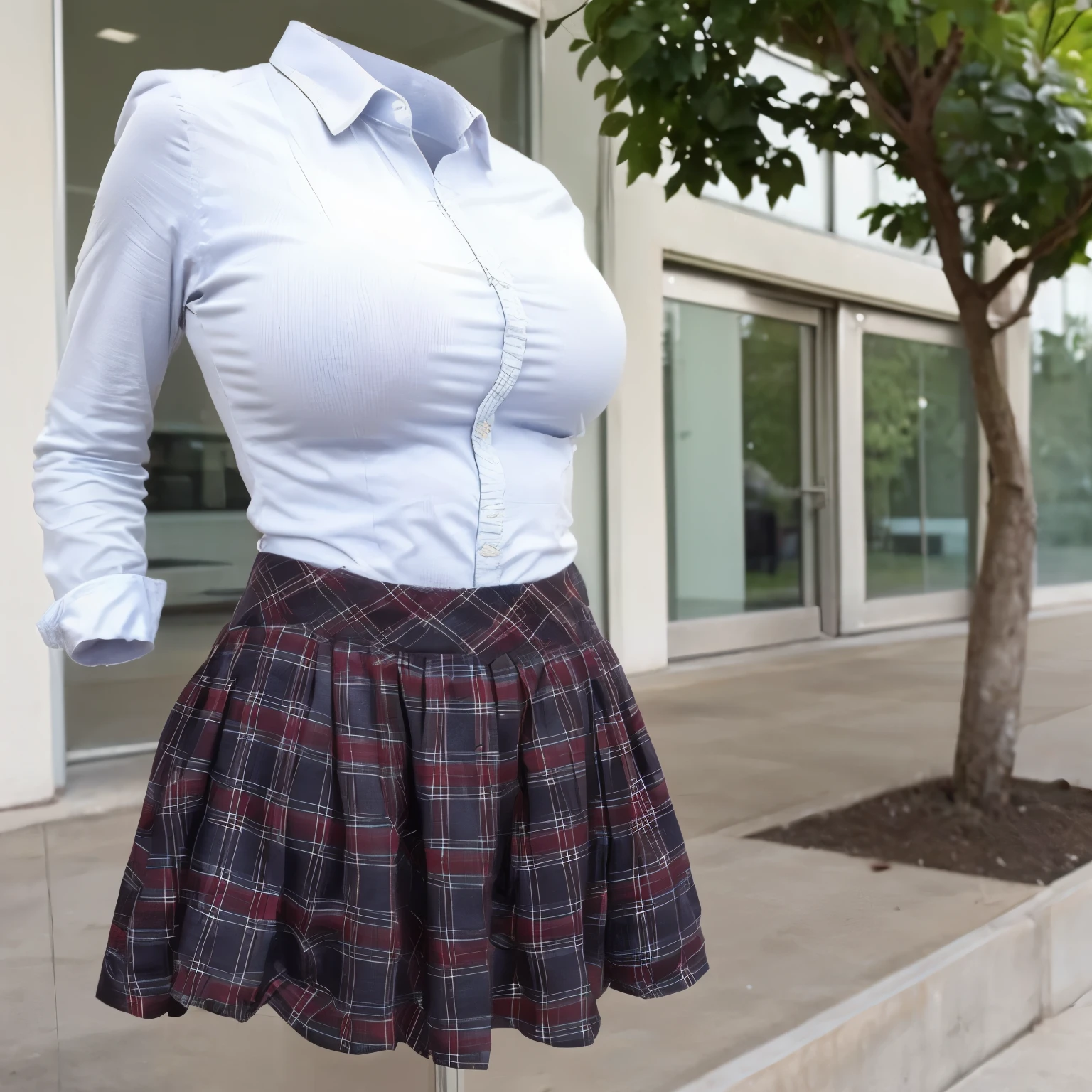 school uniform, cute pose, (invisible, no humans, headless, faceless:1.5), (close-up to breasts), cute big breasts, chubby, fat, plaid skirt