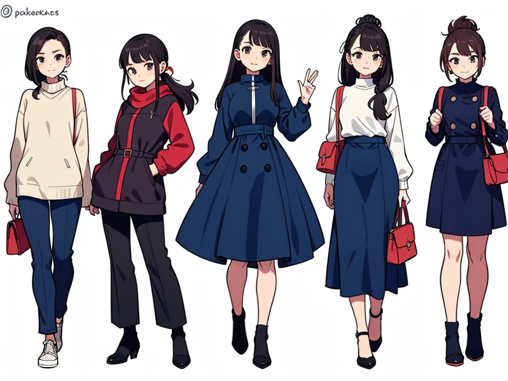 (((Best Quality))) , ((full body)), 4 lady, multiple views, white background, variety of hairstyles, variety of fashion styles, seductive pose, fashionable and trendy atmosphere, holding bag, winter clothes, walk pose, dark blue/dark orange/dark green/dark violet/brown/white,