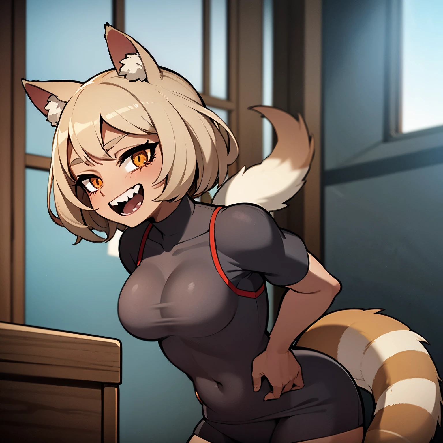 Anime image of a girl with short brown hair, very tanned and brown skin, she wears a very tight schoolgirl uniform and her arms are wrapped in bandages. She is laughing sadistically and she has muscles and she is in a classroom. She has ears. and tail of a raccoon and it does not have human ears, only ears and tail of a raccoon
