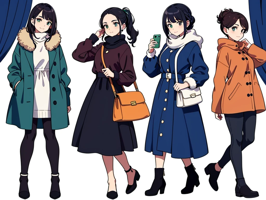 (((Best Quality))) , ((full body)), 4 lady, multiple views, white background, variety of hairstyles, variety of fashion styles, seductive pose, fashionable and trendy atmosphere, holding bag, winter clothes, walk pose, holding smart phone, looking outside, dark blue/dark orange/dark green/dark violet/brown/white,