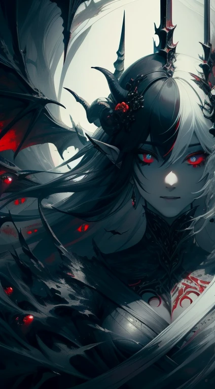 (masterpiece), dark arts, demonic atmosphere, feminine, beautiful detailed eyes, beautiful detailed lips, extremely detailed face, sharp focus, evil smile, vivid colors, fine art painting, horror, gothic, low-key lighting, color tone red, detailed makeup, horns, black wings, exquisite details, gloomy background, moody environment