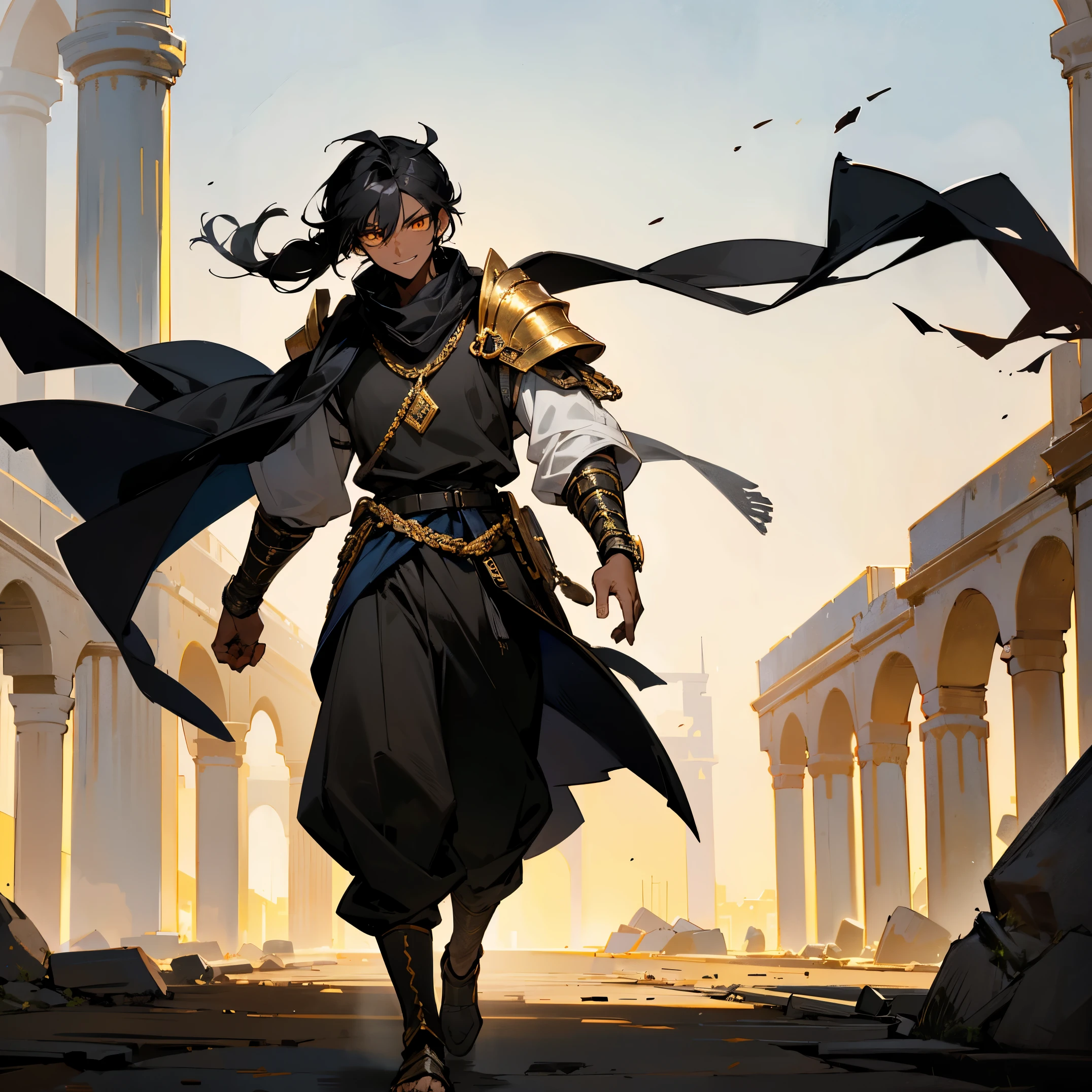 Dark Skin , Madara Hair , Black Hair , Golden Eyes , Black Clothing ,Dark Blue Clothing,White Clothing, Lighthearted Expression , Messy black hair , Standing on path, Arab Ancient City Background, 1male , Young Male , Male, Short low ponytail , walking on path , Arab Clothing , Armored Clothing , Black Scarf , Military Clothing