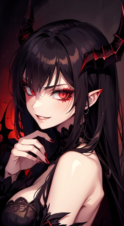 (masterpiece), dark arts, demonic atmosphere, feminine, beautiful detailed eyes, beautiful detailed lips, extremely detailed face, sharp focus, evil smile, vivid colors, fine art painting, horror, gothic, low-key lighting, color tone red, detailed makeup, horns, black wings, exquisite details, gloomy background, moody environment