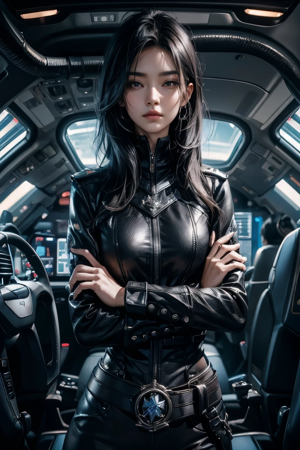 A beautiful woman crosses her arms with a defiant expression on her face.。black hair。Mid-twenties。She wears a black metallic battle uniform.、blue on the waist、He wears a belt with a large round jewel embedded in it.。She&#39;s in a spaceship、Behind her is the command seat of the spaceship.。８K image quality。beautiful double eyes。bridge of nose。thick, well-shaped lips。masterpiece。