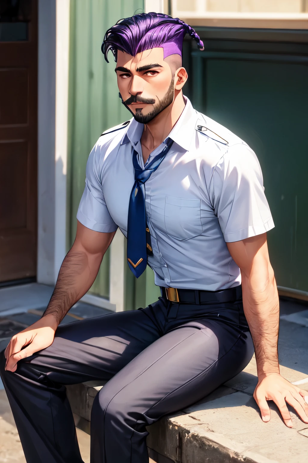 homem ?????, hair shaved on the sides using loose purple braids, standard military pants and colorful open short-sleeved dress shirt, tem um bigode cavanhaque escuros