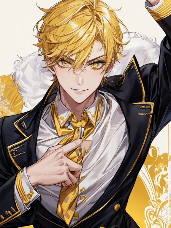 extremely detailed, 1 man, solo, perfect face, pretty face, highly detailed face，yellow short hair, yellow eyebrows、Handsome man with expressive eyes, smiling, yellow eyes、(((Idol)))、(muste piece), (best quality)、whole body