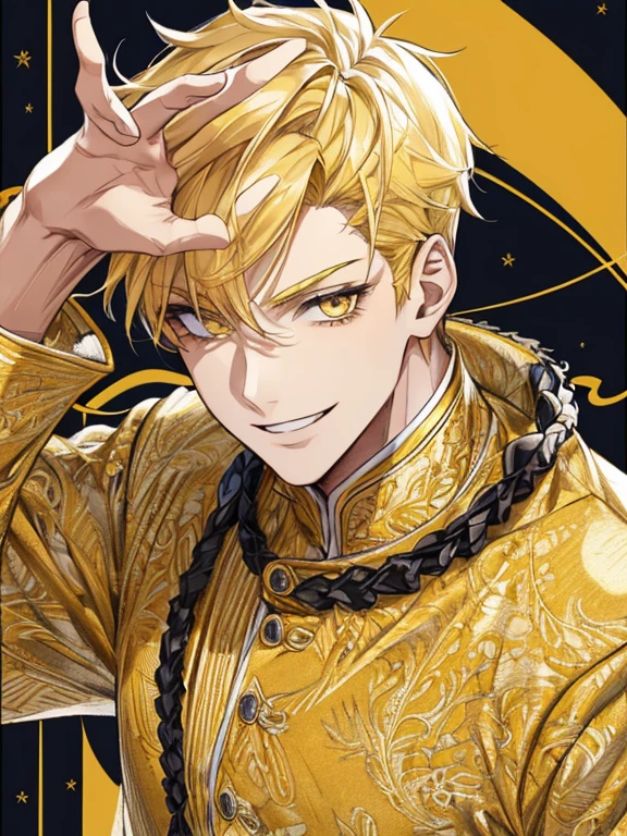 extremely detailed, 1 man, solo, perfect face, pretty face, highly detailed face，yellow short hair, yellow eyebrows、Handsome man with expressive eyes, smiling, yellow eyes、(((Idol)))、(muste piece), (best quality)、whole body