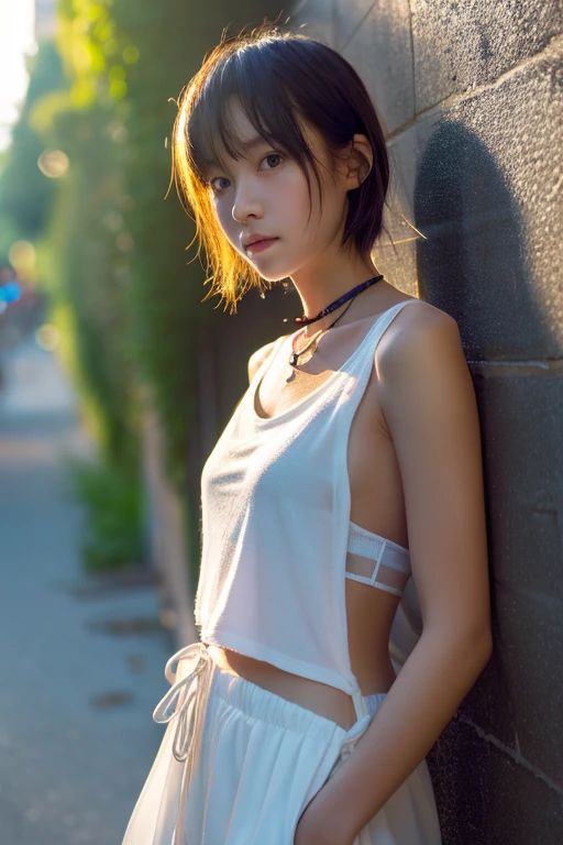 leaning against wall, in the city, In summer, sweaty skin, damp skin, enjoying, Girlish, hot Girlish, (((Medium chest))), stare at the camera, facial symmetry, realistic, director of photography, stunning lighting, wonderful, neckline, best quality, High resolution, very fine skin, blurred background, Depth of bounds written, cinematic lighting, Photographed with a professional digital SLR camera,Tank top,valley,Full body shot,hot pants