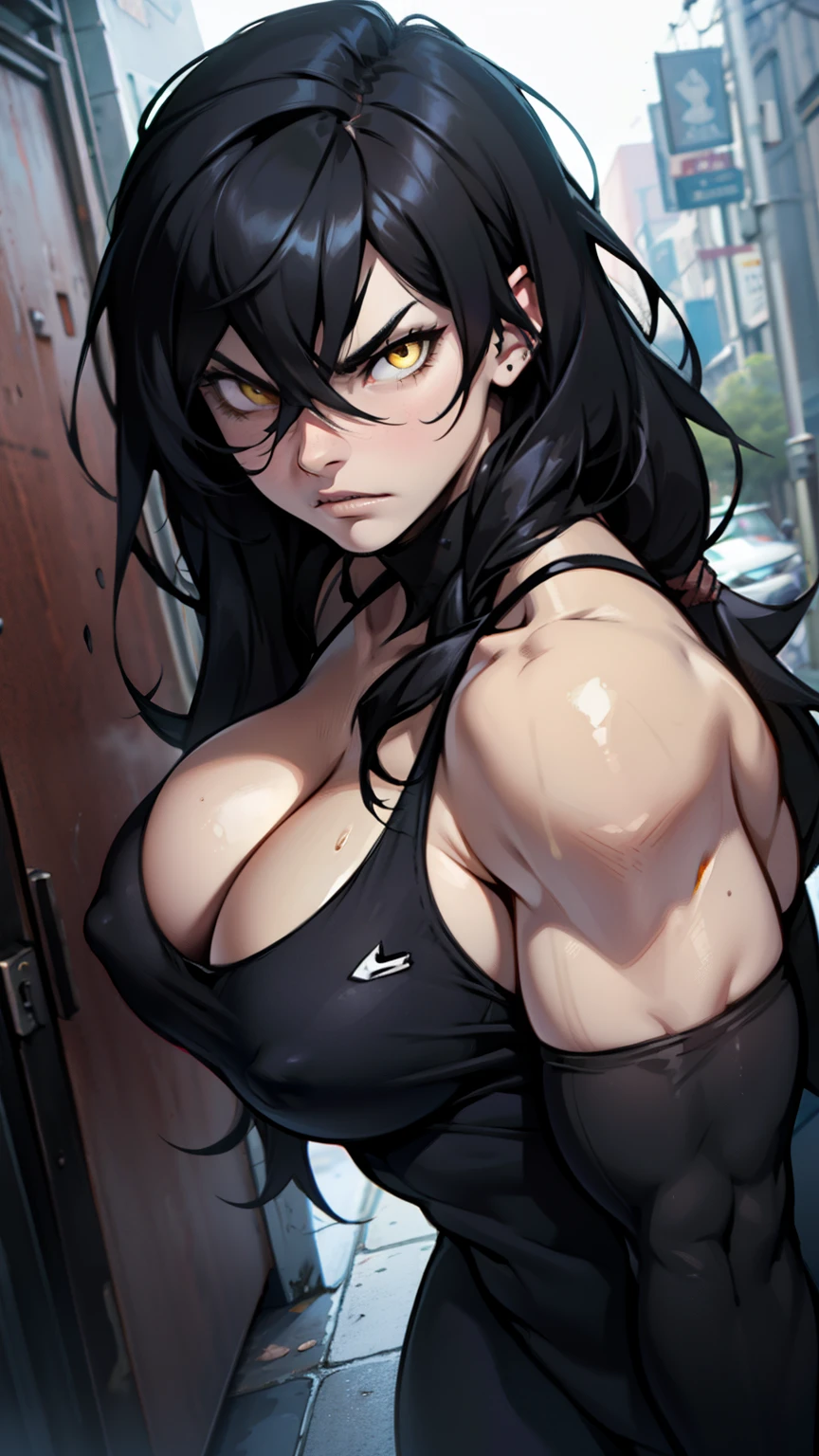 pale angry muscular girl thick breast black hair yellow eyes long hair hair between eyes