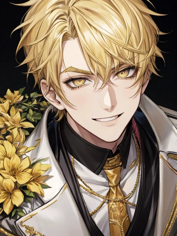 extremely detailed, 1 man, solo, perfect face, pretty face, highly detailed face,yellow short hair, yellow eyebrows、Handsome man with expressive eyes, smiling, yellow eyes、(((Idol)))、(muste piece), (best quality)、model pose