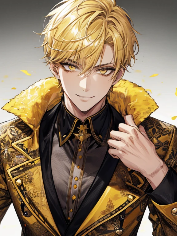 extremely detailed, 1 man, solo, perfect face, pretty face, highly detailed face,yellow short hair, yellow eyebrows、Handsome man with expressive eyes, smiling, yellow eyes、(((Idol)))、(muste piece), (best quality)、model pose