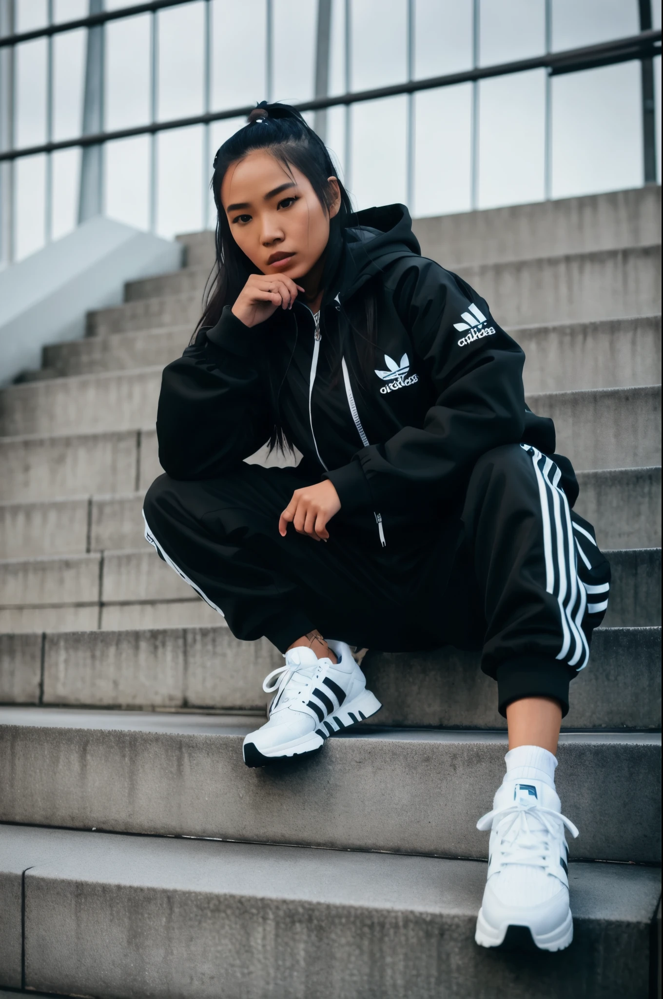 A woman sitting on steps wearing adidas sneakers and a black hoodie SeaArt AI