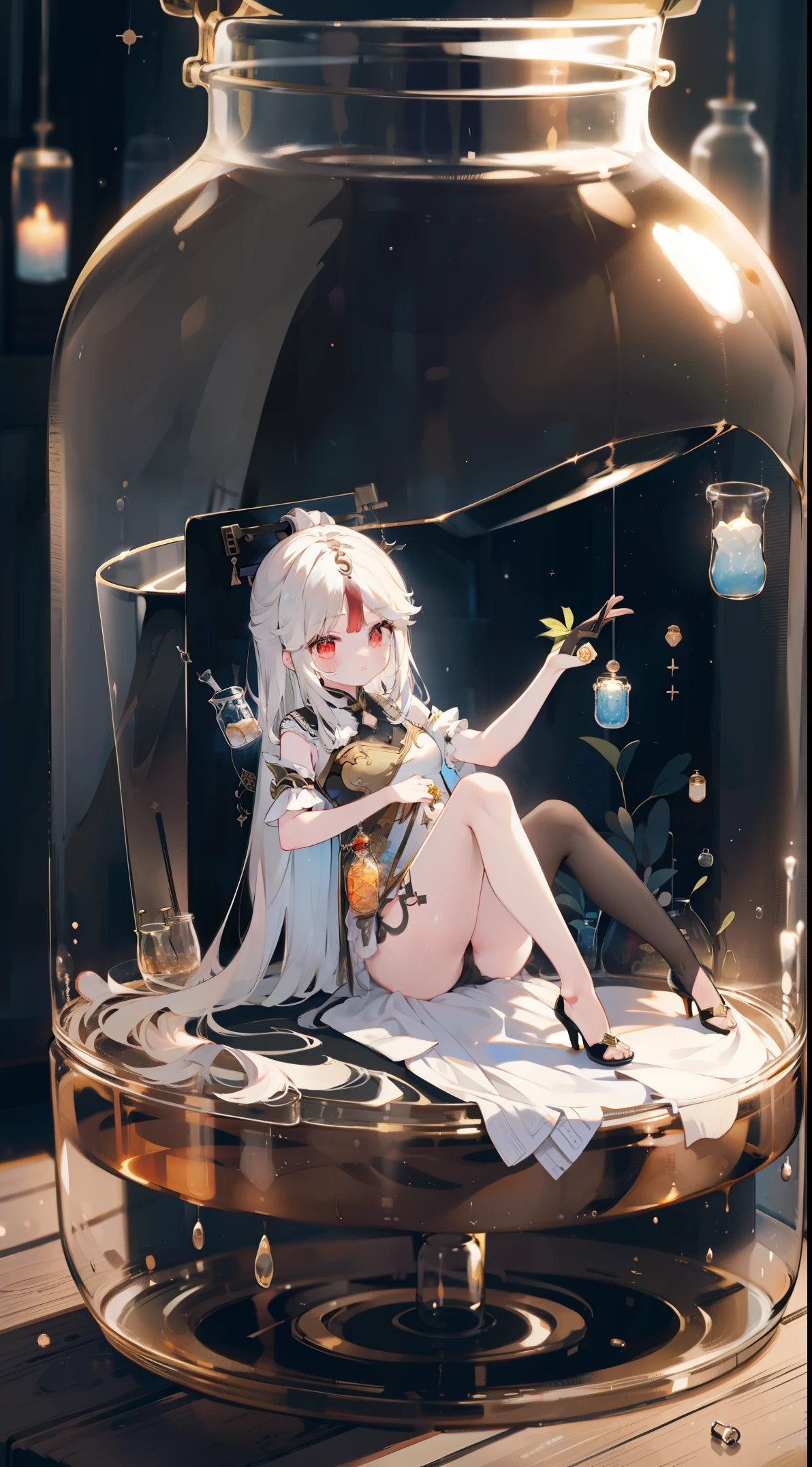 ((((((inside jar))))))、a girl, ((whole body)), alone, (((Packed in jars)))、Lovely、small, hair accessories, Gloves, High heel, On the cheongsam, (((Packed in jars))), inside jar的水