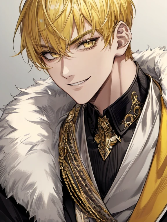 extremely detailed, 1 man, solo, perfect face, pretty face, highly detailed face，yellow short hair, yellow eyebrows、Handsome man with expressive eyes, smiling, yellow eyes、(((Idol)))、(muste piece), (best quality)、model pose
