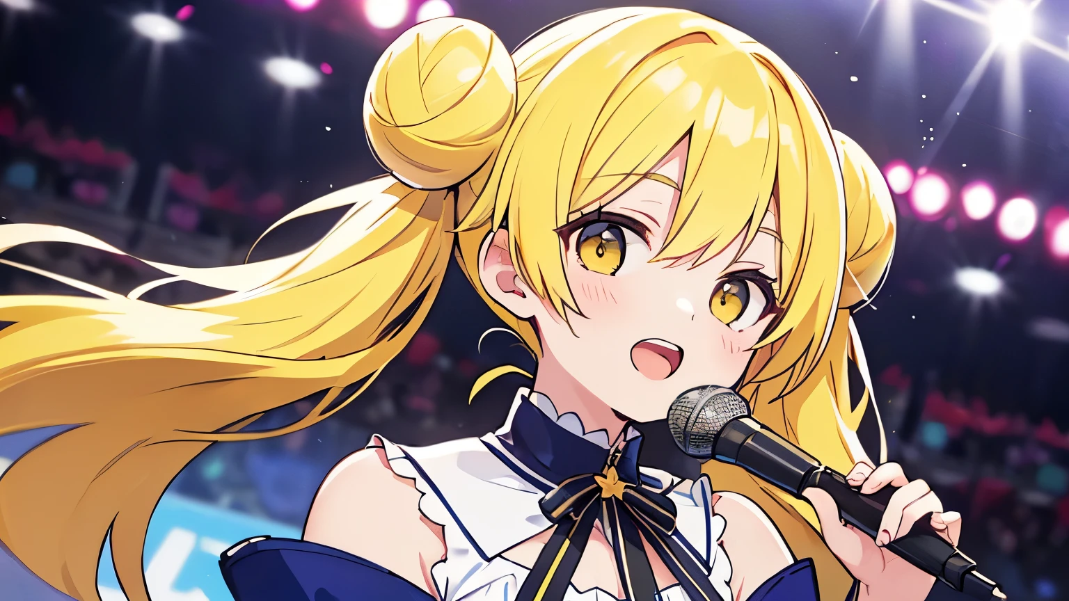 disorganized, High resolution, (anime style etc.:1.1), ((muste piece)), ((best quality)), (Super detailed), (Beautiful),pretty face、(lift up),pretty girl、(((twin tails、bun hair、yellow hair、)))(((((singing)))))((microphone、))((((sticking his hand out in front of him))))