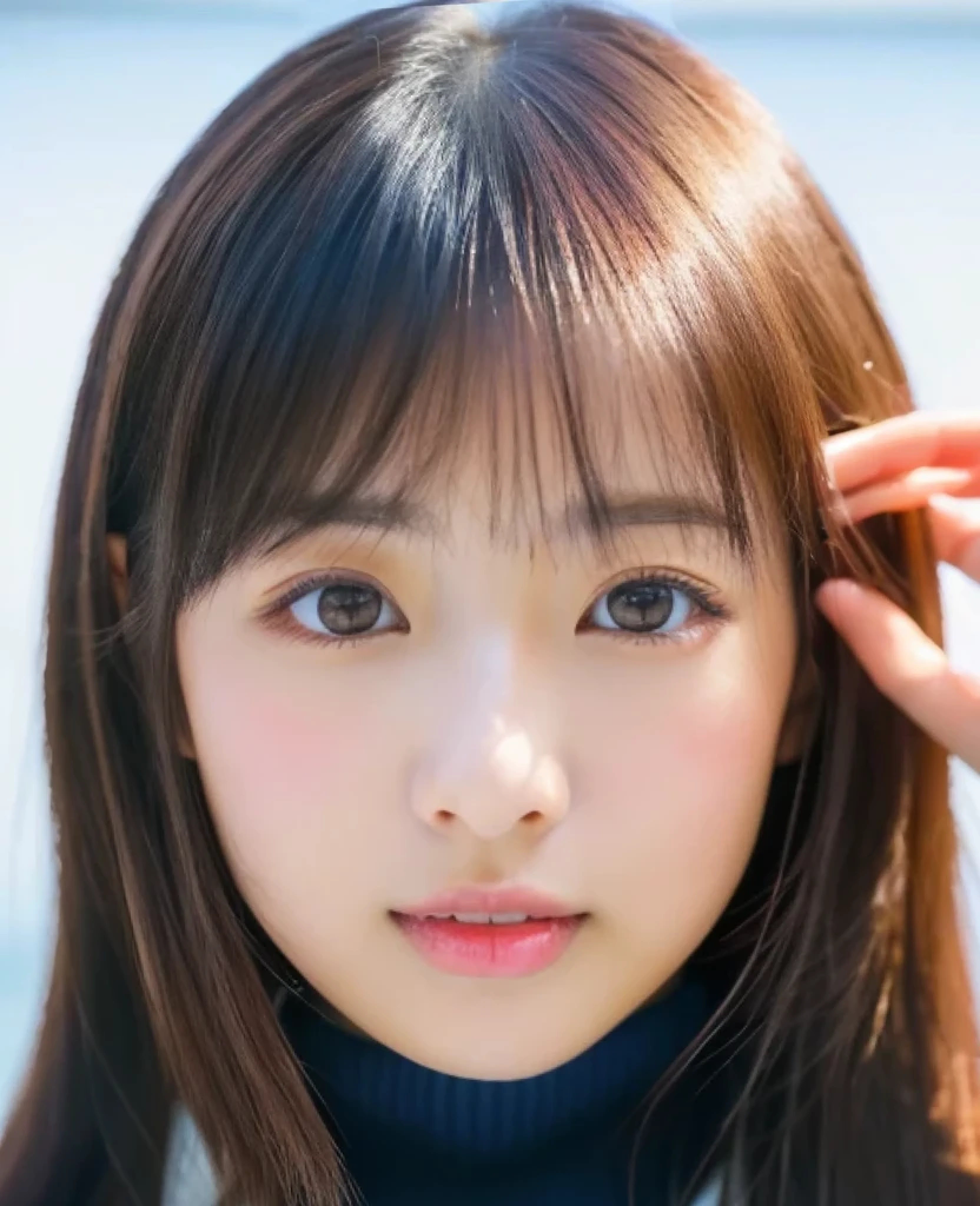 ((bedルーム、bed、front、wall、Hotel、suite room、luxury、luxury、luxury、1photograph))、((highest quality、8K、masterpiece:1.3))、(4K、RAWphotograph、highest quality)、((cute日本の女の子、beautiful japanese girl、1 girl、clear、19 years old、ponytail、Highly detailed face and skin texture、refinement、super detailed face、highly detailed eyes、Lee Hong、blush、cheek、ピンクのcheekを塗ったcheek、close-up of woman、 from the neck up、 Close to the camera、 positive face、Forward-facing body、look at the camera、front、cute、smooth white skin、Transparent skin texture、))、(dark brown hair、bangs)、beautiful woman with perfect style:1.4、japanese model、young gravure idol、若いcuteグラビアアイドル、Realistic young gravure idol、refinementされたグラビアアイドル、((highest quality、8K、masterpiece:1.3、1photograph))、(4K、RAWphotograph、highest quality)、(realistic、フォトrealistic:1.37)、Place someone on the other side of the screen、Natural light、