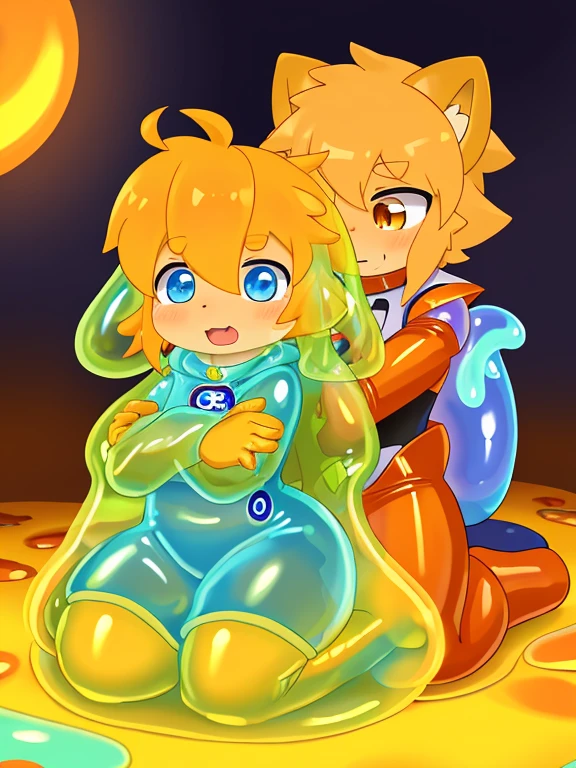A male light orange cub,被slime覆盖,slime,light orange cuollars,被slime覆盖,fall((充满银色slime)),kneeling,纸尿裤