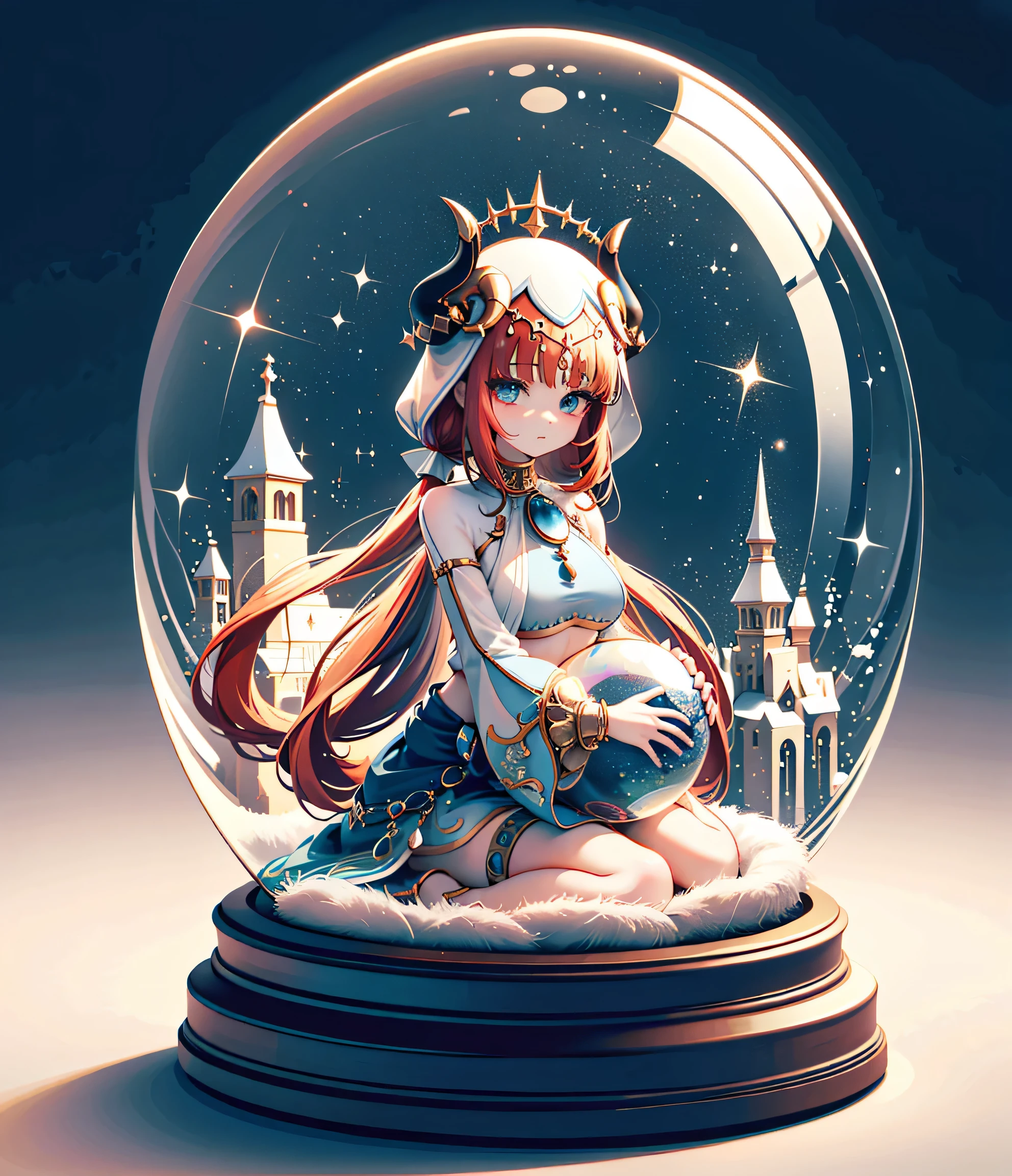 girl trapped in crystal ball,alone, fantasy art style,Guvitz-style artwork, Round glass cover, Very round crystal ball, best quality,masterpiece,ultra high resolution,Nilaudev, Nylund,(masterpiece),best quality, 1 plump girl在水晶球里面, expressive eyes, is a perfect face, full body lesbian, sitting,Yuki, buliding, Christmas,1 plump girl,,English text,Yukiing