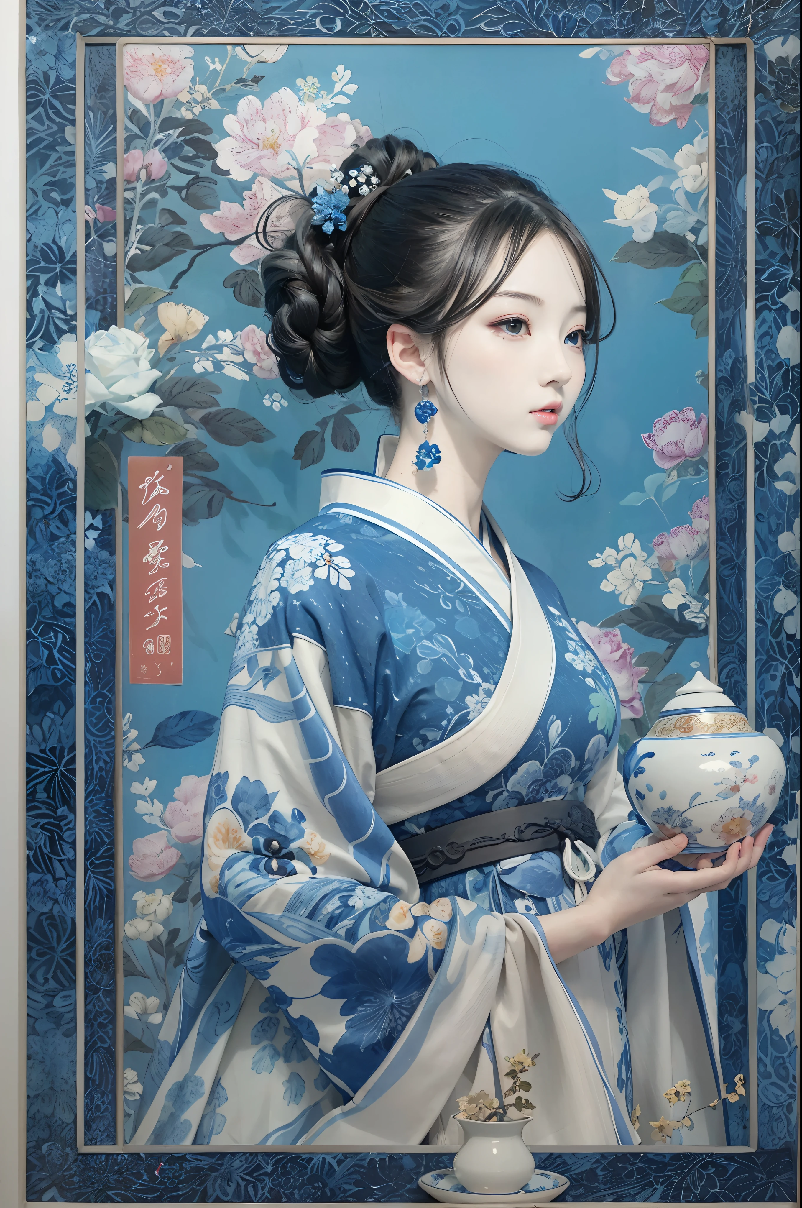 a drawing,Blue and white dress,Woman with flowers on hair,Blue and white porcelain style,hanfugirl,ancient china art style,Belle peinture de personnage,Chinese painting style,It has an ancient Chinese aesthetic,Chinese style,A beautiful artwork illustration,Traditional Chinese art,Oriental art style,Blue and white porcelain exhibition,Beautiful anime portrait character composition in the lower left corner,The upper right corner is decorated with a blue and white porcelain background,(Defocus,Out of focus,softlighting,电影灯光,Skylight,hyper HD)