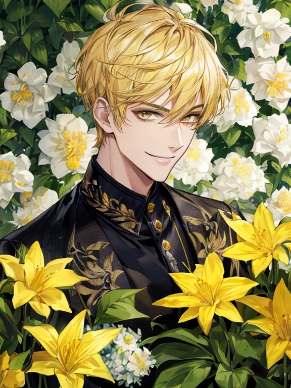 extremely detailed, 1 man, solo, perfect face, pretty face, highly detailed face,yellow short hair, yellow eyebrows、Handsome man with expressive eyes, smiling, yellow eyes、(((flower garden)))、(muste piece), (best quality)、model pose
