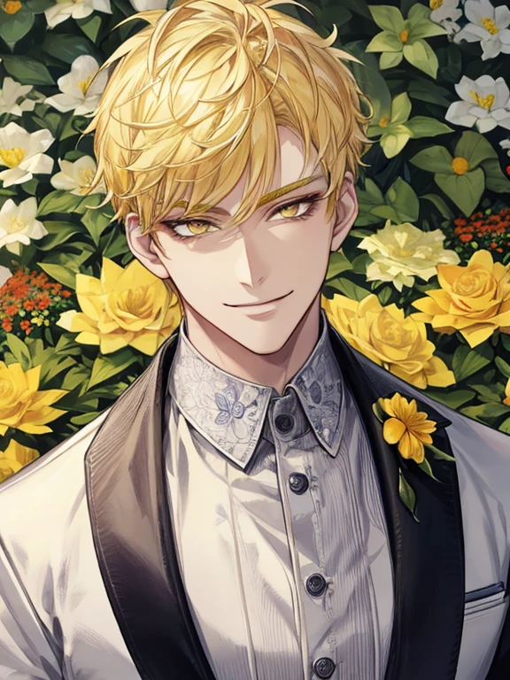 extremely detailed, 1 man, solo, perfect face, pretty face, highly detailed face，yellow short hair, yellow eyebrows、Handsome man with expressive eyes, smiling, yellow eyes、(((flower garden)))、(muste piece), (best quality)、model pose