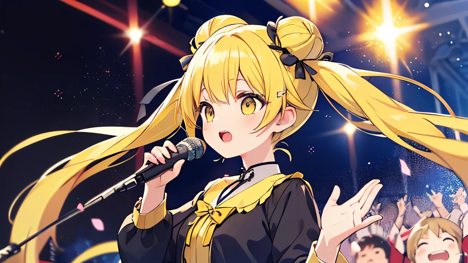 disorganized, High resolution, (anime style etc.:1.1), ((muste piece)), ((best quality)), (Super detailed), (Beautiful),pretty face、(lift up),pretty girl、(((twin tails、bun hair、yellow hair、)))(((((singing)))))((microphone、))((((sticking his hand out in front of him))))