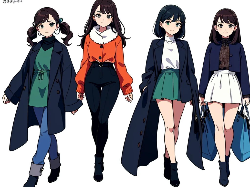(((Best Quality))) , ((full body)), 4 lady, multiple views, white background, variety of hairstyles, variety of fashion styles, seductive pose, fashionable and trendy atmosphere, holding bag, winter clothes, walk pose, holding smart phone, looking at another, dark blue/dark orange/dark green/dark violet/brown/white,