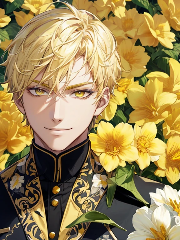 extremely detailed, 1 man, solo, perfect face, pretty face, highly detailed face,yellow short hair, yellow eyebrows、Handsome man with expressive eyes, smiling, yellow eyes、(((flower garden)))、(muste piece), (best quality)、model pose