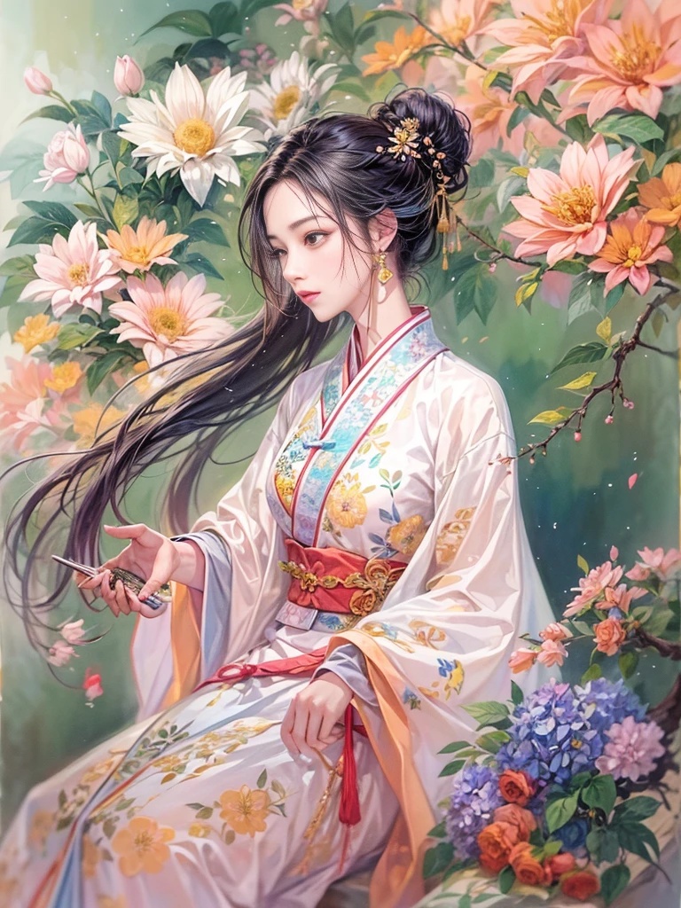 An imaginative and vivid depiction of the female figure,Think of it as your dream lover and life-long partner,Integrating the softness of traditional Chinese women with the role of modern Chinese housewives。This artistic expression highlights her nurturing and caring nature,It also shows her elegance and elegance。She is depicted with delicate features and warmth、seductiveexpression。Her outfit is a stylish fusion of tradition and modernity,reflects the duality of her character。she is depicted in a comfortable、in a modern environment,embodies a loving、The Essence of a Dedicated Companion and Homemaker。The background contains comfortable living space elements,Symbolizes stability and warmth。The overall style combines realism with fantasy,Capturing a dreamy contemporary aesthetic。 (floral watercolor painting:1.5),(Super high saturation, bright and vivid colors:1.3),