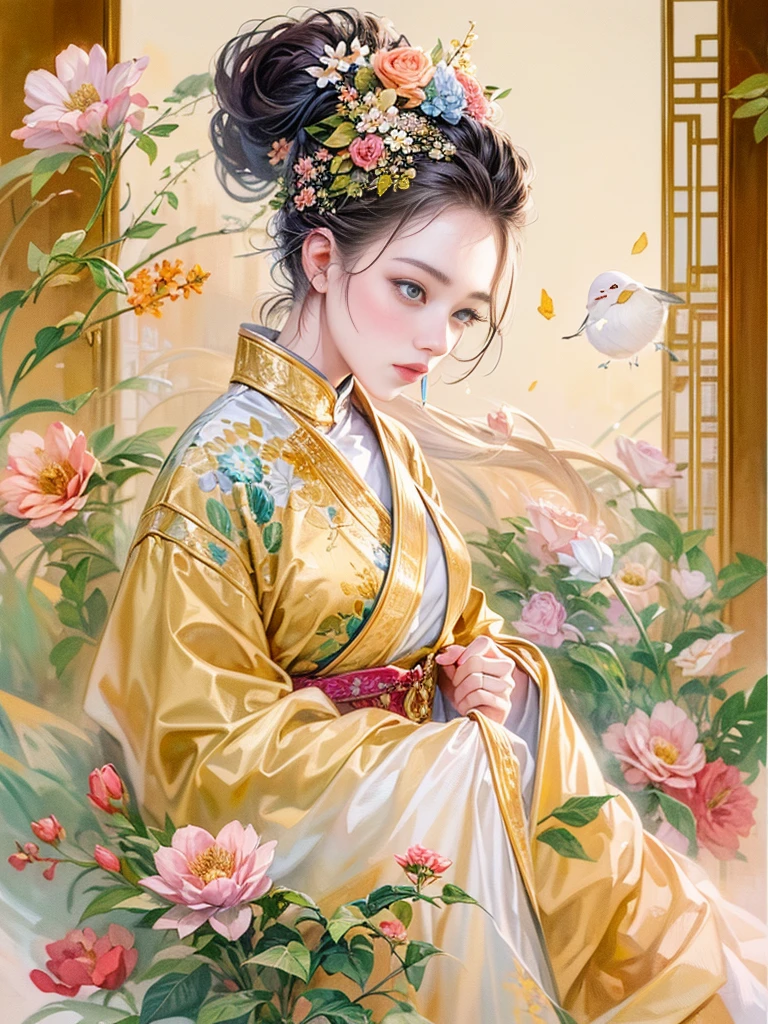 An imaginative and vivid depiction of the female figure，Think of it as your dream lover and life-long partner，Integrating the softness of traditional Chinese women with the role of modern Chinese housewives。This artistic expression highlights her nurturing and caring nature，It also shows her elegance and elegance。She is depicted with delicate features and warmth、seductiveexpression。Her outfit is a stylish fusion of tradition and modernity，reflects the duality of her character。she is depicted in a comfortable、in a modern environment，embodies a loving、The Essence of a Dedicated Companion and Homemaker。The background contains comfortable living space elements，Symbolizes stability and warmth。The overall style combines realism with fantasy，Capturing a dreamy contemporary aesthetic。 (floral watercolor painting:1.5)，(Super high saturation, bright and vivid colors:1.3),