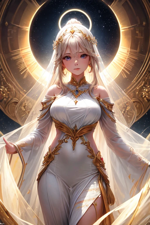 a woman with an ethereal presence, com longos cabelos prateados que brilham como a luz da lua. His eyes are deep and wise, reflecting a vast understanding of the spiritual realms. Ela veste-se com roupas espirituais elegantes, com detalhes lunares e estelares, symbolizing your connection to the divine.