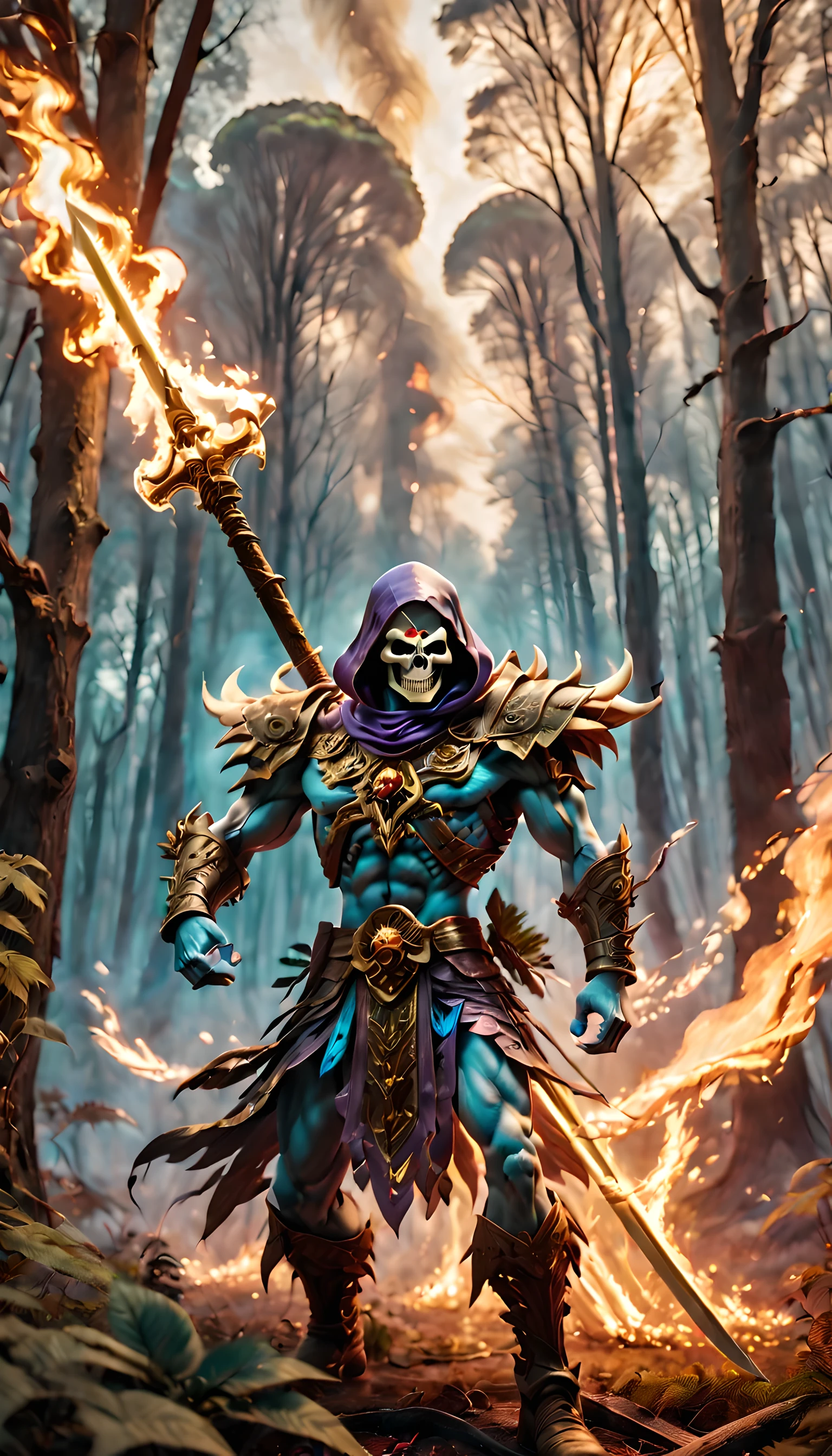 A photo of Skeletor who is entirely made of wood and plants in a forest weilding his huge sword that is also made of wood as the forest behind him catches fire and there are plenty of skulls on the ground, 4K, very detailed, artistic, aesthetic