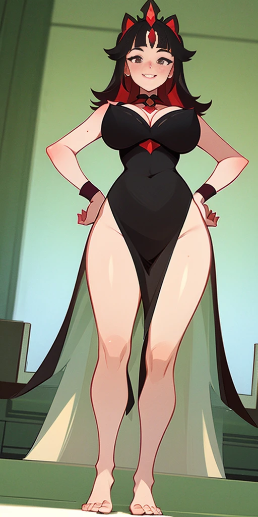 A single full-length woman standing at a symmetrical low angle, from below, barefoot, smiling lustfully with red blush, hands on hips, big knockers
