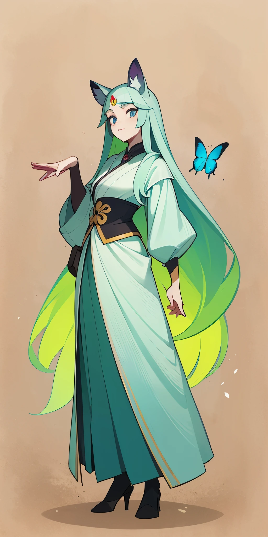 (1 Anthropomorphism of butterflies), (standing full-body), (Full body standing painting), 1 Princess，(standing full-body)，独奏, long  skirt，character  design, fanciful, tmasterpiece，top Quority，best qualtiy，超高分辨率，Exquisite facial features