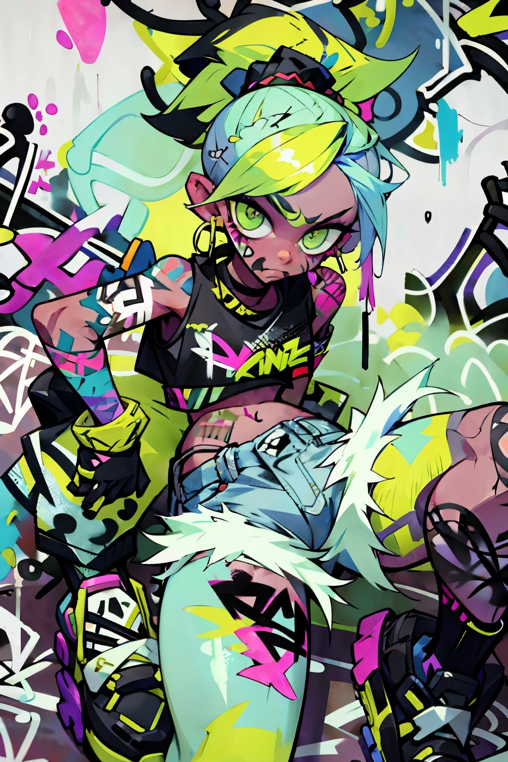 masterpiece, best quality, 1non gender, solo, crop top, denim shorts, choker, (graffiti:1.5), paint splatter, Pastel lime green hair, 1Girl, New Balance Apparel, cool pose, ponytail hair, paint wall background, both arms on back, black gloves, new styles, sit pose, new poses