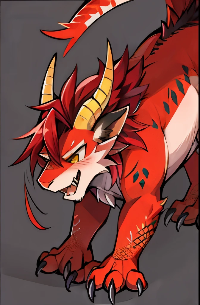 Feral dragon, mane, male dragon, horns, whiskers, eastern dragon, quadruped, fullbody, scales, claws, four legged