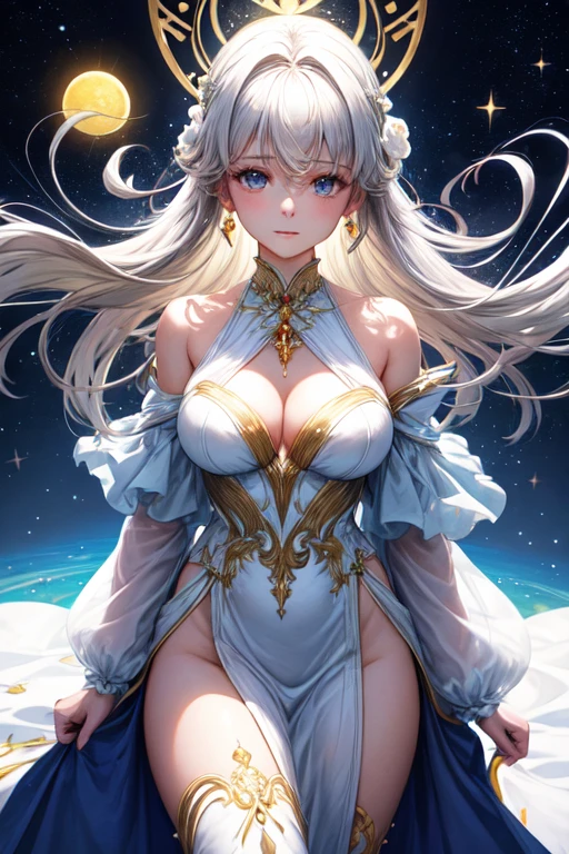 a woman with an ethereal presence, com longos cabelos prateados que brilham como a luz da lua. His eyes are deep and wise, reflecting a vast understanding of the spiritual realms. Ela veste-se com roupas espirituais elegantes, com detalhes lunares e estelares, symbolizing your connection to the divine.