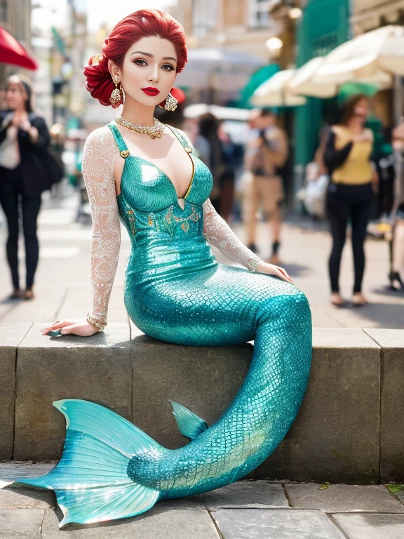 the mermaid was seen by a crowd of citizens, mermaid on the sidewalk, sit on sidewalk, mermaid tail, scales, full body, looking at viewer, red lipstick, earrings, detail, , blurry background, soft focus, 