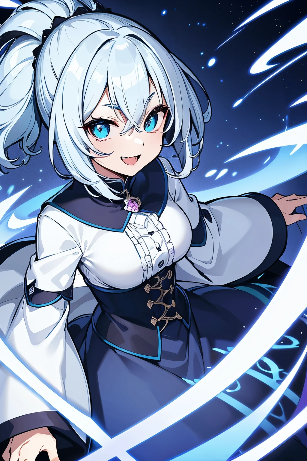 (best quality,4k,highres), gentle kind glowing blue dragon eyes,wide open eyes,very wide smile,kind smile,open mouth smile,fangs,very short wavy white hair, very short wavy ponytail, (the sclera of her eyes is black),(focus on face), wearing a white cloak with blue accents over modest ornate dress, medium chest, surrounded by an aurora