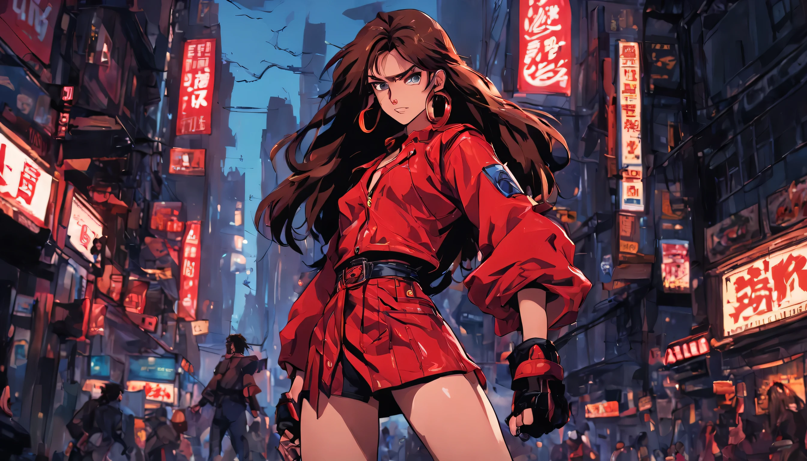 Estilo anime 2D, Mulher com cabelo castanho longo, olhos azuis, vestindo top vermelho, minissaia vermelha, cinto pendurado nos quadris, black leather jacket with sleeves rolled up to the elbows, martial arts training glove on hands, botas de couro vermelho, brincos de argola de ouro, personagem muito parecido com Blaze do jogo Sega Genesis "Streets of fury", Big city at night, there are advertisements and neon signs, it just rained in the area