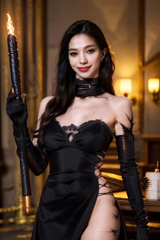 Extremely detailed CG unity 32K wallpaper, top quality, masterpiece, raw photo, photorealistic, highest resolution, professional photo, (dynamic:1.3), cinematic lighting, (fantasy:1.4), sharp focus, depth of field, (perfect body, correct anatomy:1.5), intricately detailed face, expressive face, POV, (from front:1.3), 1 girl, ((evil witch:1.4)), solo, cowboy shot, black hair, short hair, ultra-realistic skin, bright and dark eyes, beautiful nose and lips, (evil smile:1.4), ((black dress, bare shoulders:1.5)), cleavage, ((elbow-length gloves:1.3)), ((perfect body proportion:1.4)), slender, medium breast, (((holding a magic wand, using witchcraft:1.4))), standing, (((indoor, cursed ruin of ancient temple:1.2)))