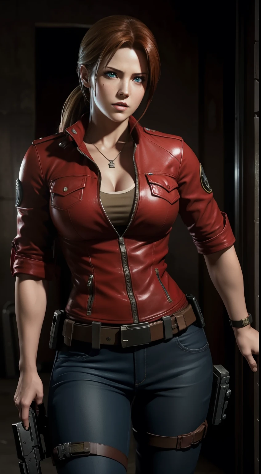 Masterpice, Resident evil, beautiful Claire Redfield, Claire redfield, full body, beautiful eyes, gun in her hand, gorgeous face