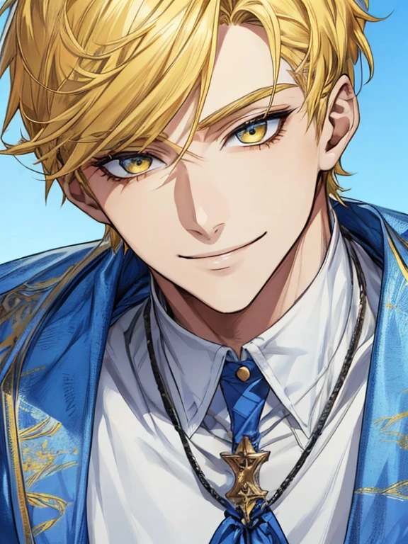 extremely detailed, 1 man, solo, perfect face, pretty face, highly detailed face,yellow short hair, yellow eyebrows、Handsome man with expressive eyes, smiling, yellow eyes、(((blue sky)))、(muste piece), (best quality)、model pose