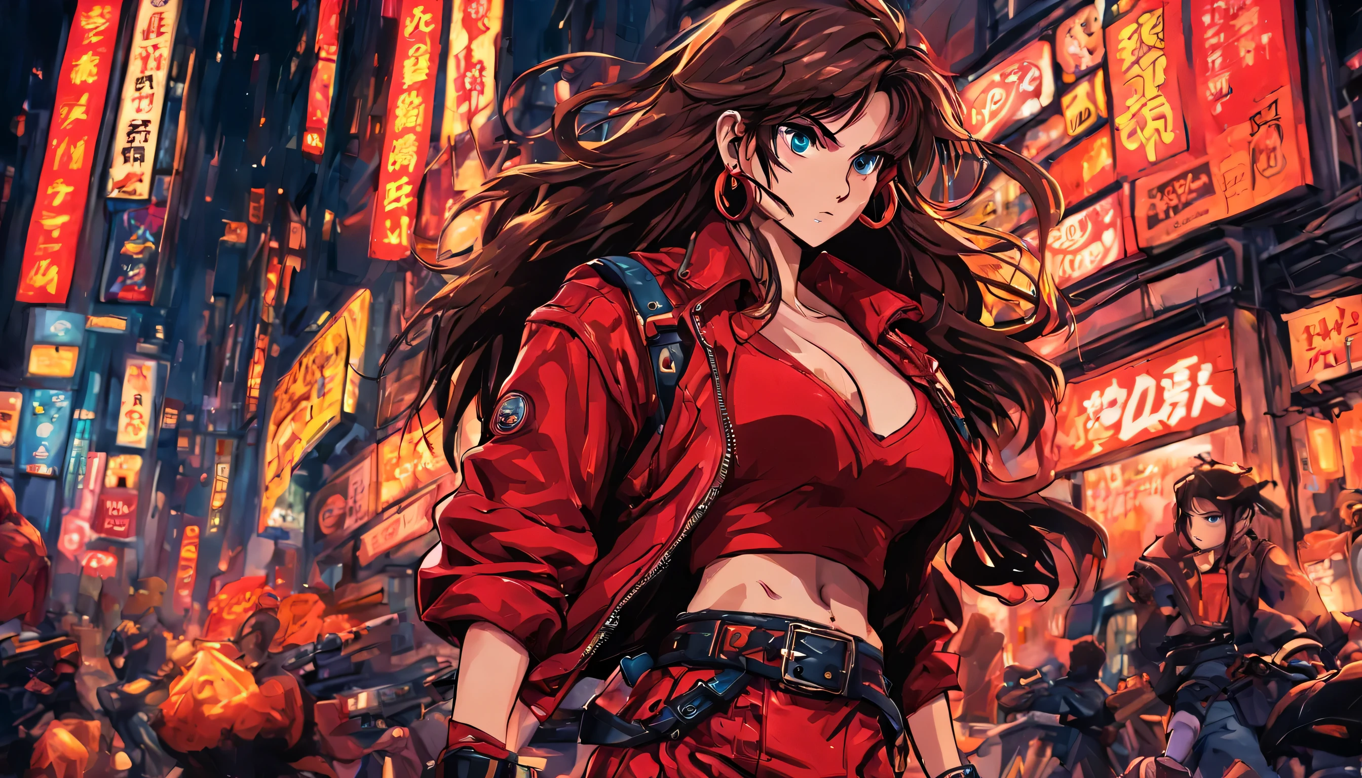 Estilo anime 2D, Mulher com cabelo castanho longo, olhos azuis, vestindo top vermelho, minissaia vermelha, cinto pendurado nos quadris, black leather jacket with sleeves rolled up to the elbows, martial arts training glove on hands, botas de couro vermelho, brincos de argola de ouro, personagem muito parecido com Blaze do jogo Sega Genesis "Streets of fury", Big city at night, there are advertisements and neon signs, it just rained in the area