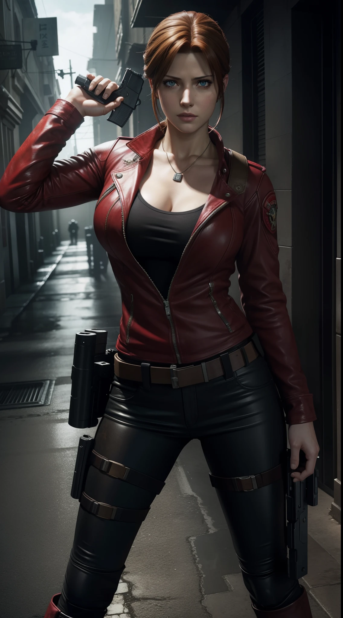 Masterpice, Resident evil, beautiful Claire Redfield, Claire redfield, full body, beautiful eyes, gun in her hand, gorgeous face