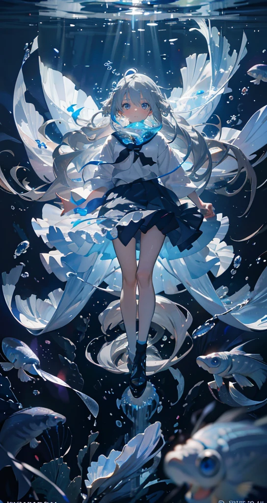 (muste piece), (highest quality), very detailed, 1 girl, solo full body shot, perfect face, anime beautiful girl, very detailed顔，(long gray hair:1.5)，(blue eyes:1.4)，(Floating hair:1.4)，(in water:1.4)，seabed，school of fish，Light，jellyfish，seaweed，Colorful fish，deep sea，fantasy