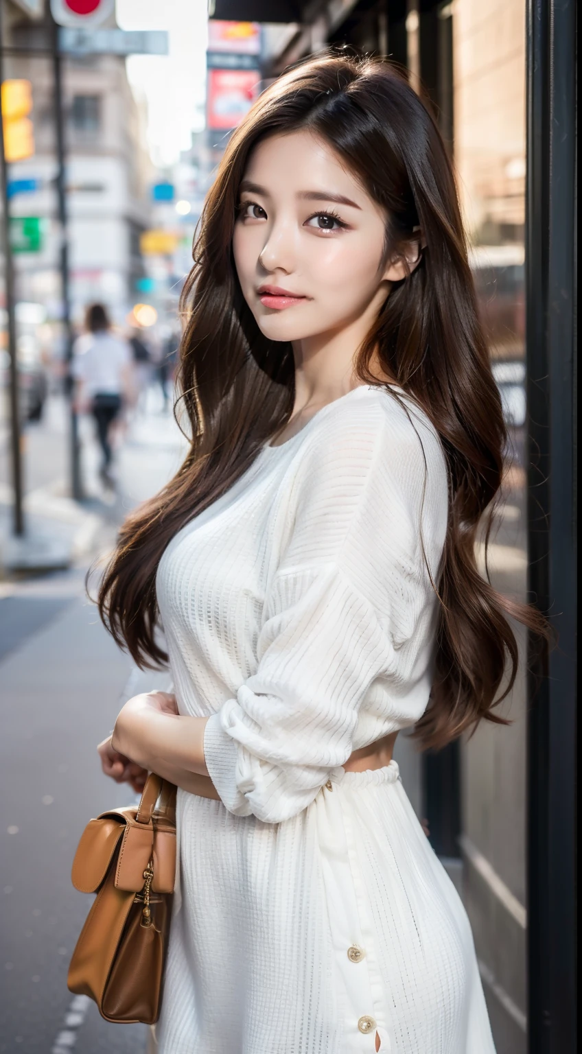 Woman posing on street corner, top quality, high resolution, 8k, The girl was alone, outdoor, (street: 0.8), (people, crowd: 1), Gorgeous, (medium hair), (dynamic poses: 0.8), (Upper body: 1.2), soft light, wind, shiny skin, gaze,