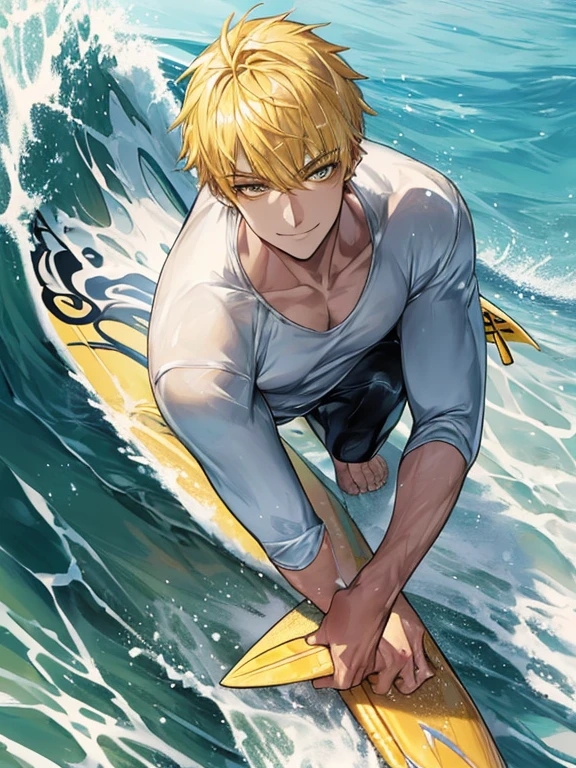 extremely detailed, 1 man, solo, perfect face, pretty face, highly detailed face,yellow short hair, yellow eyebrows、Handsome man with expressive eyes, smiling, yellow eyes、(((surfing)))、(muste piece), (best quality)、model pose