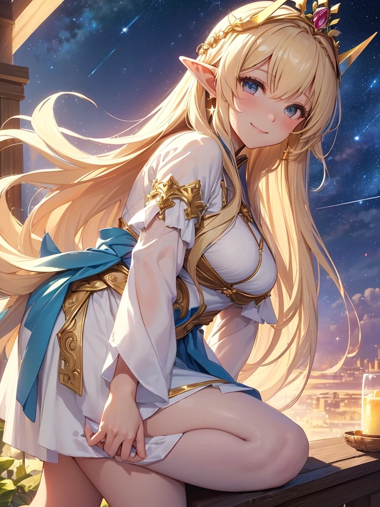 highest quality、Highest image quality、masterpiece、Facing here、Super beautiful elf goddess bowing((22 years old OL big bust、bust 90,beautiful long ironed hair、blonde、、slender、Close-up、Esbian、beautiful tiara、High quality、美しいart、background((starry ski)))muste piece、ビジュアルart、Depth of bounds written、low angle of morning sky、、elf ears、、magic of light、space knight、harp melody🎵、A happy smile、gentle light、、Beautiful legs that are gentle on the skin、、、Number of fingers to achieve precise finger movements、ticker beautiful decorative、elegant、mystical rosa、 heaven、beautiful dressy giant galaxy、moment of creation!myth、art、、赤Rose、白Rose、Rose beautiful nature、friendly smile、front