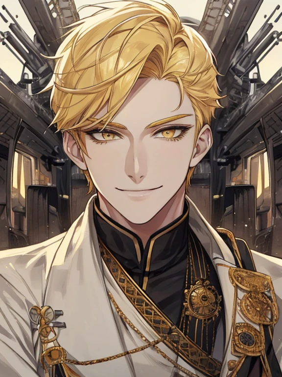 extremely detailed, 1 man, solo, perfect face, pretty face, highly detailed face,yellow short hair, yellow eyebrows、Handsome man with expressive eyes, smiling, yellow eyes、(((Large passenger ships)))、(muste piece), (best quality)、model pose
